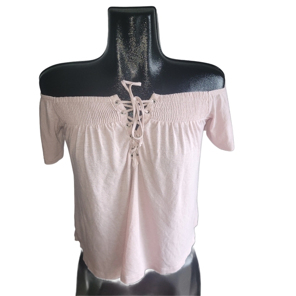 American Eagle Pink Off-Shoulder Lace-Up Crop Short Sleeve Top XS - Picture 1 of 5